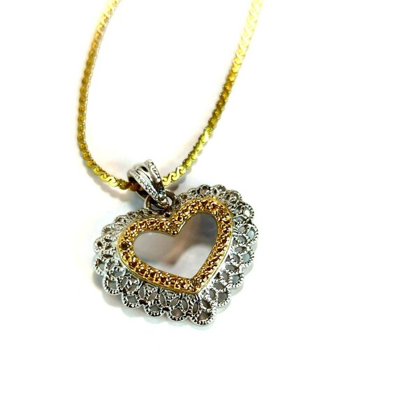 Vintage 925 Sterling Silver Two Toned Open Heart Shaped Pendant Necklace - Picture 5 of 6